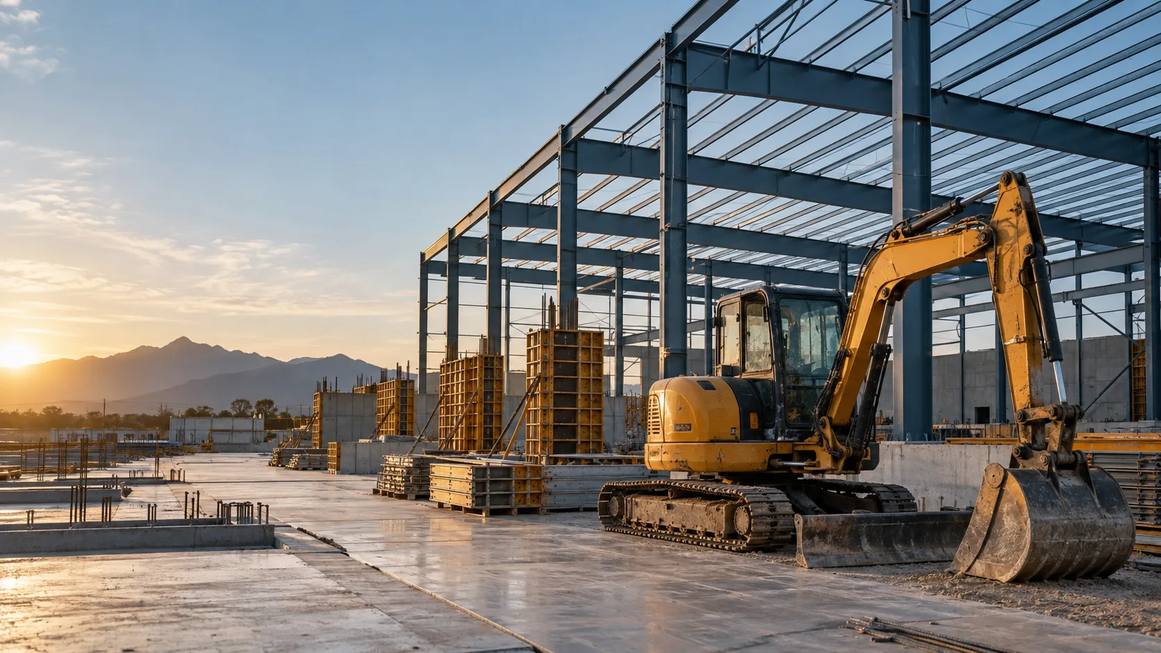 Estructura de acero en construcción y maquinaria de trabajo